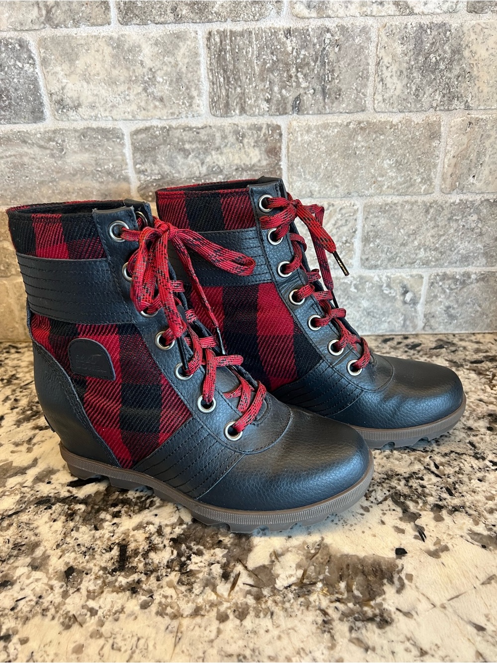 Sorel Joan of Arc Plaid Lace-Up Ankle Boots in Red and Black